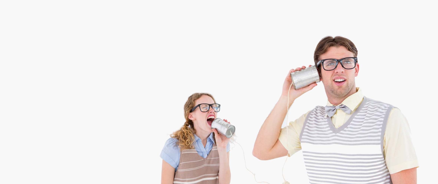 Geeky,Hipster,Couple,Speaking,With,Tin,Can,Phone,On,White